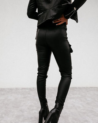 Pantalon skinny en PU déchiré à glissière solide