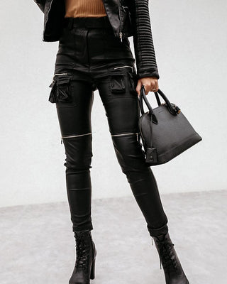 Pantalon skinny en PU déchiré à glissière solide