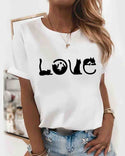 T-shirt basique en coton à col rond imprimé chat papillon / lettre