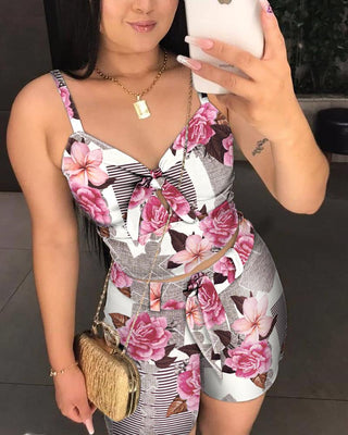 Ensemble top et short noué à imprimé floral tropical avec ceinture
