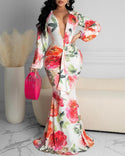 Robe longue sirène à imprimé floral et manches longues