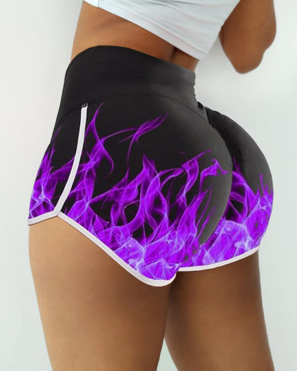 Short de yoga avec reliure contrastée à imprimé flamme