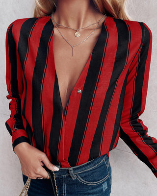 Blouse décontractée à rayures et à manches longues en V
