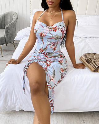 Robe fendue à cordon de serrage à imprimé tropical