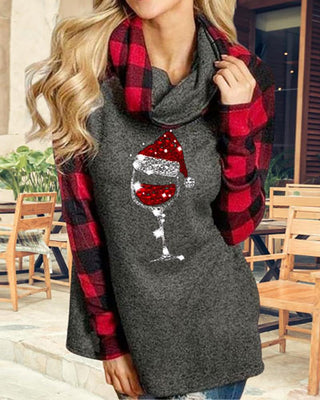 Sweatshirt à manches longues à carreaux et verre à vin de Noël