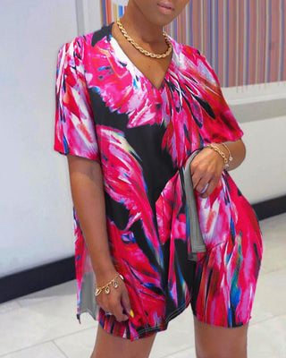 Ensemble haut et short fendu à manches courtes Colorblock