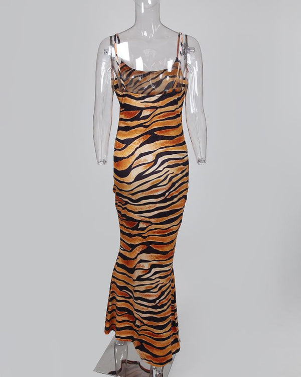 Robe longue à encolure plongeante à imprimé tigre