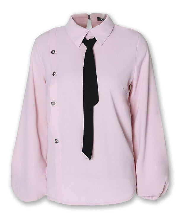 Chemise décontractée boutonnée à col noué contrasté