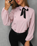 Chemise décontractée boutonnée à col noué contrasté