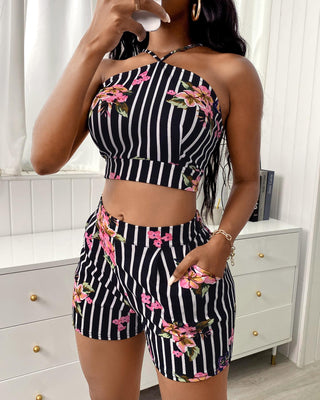 Ensemble short et top court rayé dos nu dos nu à imprimé floral