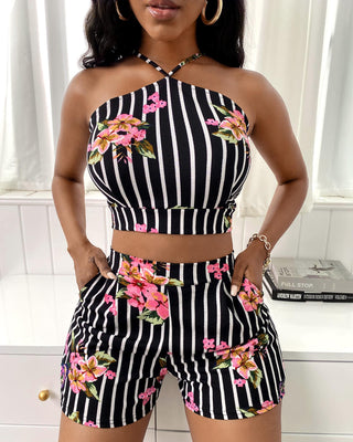 Ensemble short et top court rayé dos nu dos nu à imprimé floral