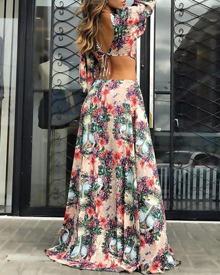 Robe design évidée à col en V profond et imprimé floral