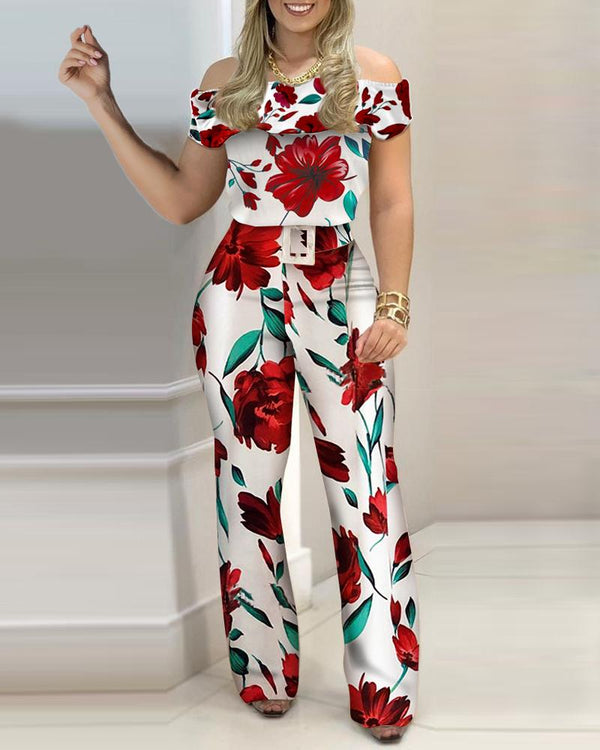 Ensembles haut et pantalon à imprimé floral à épaules dénudées