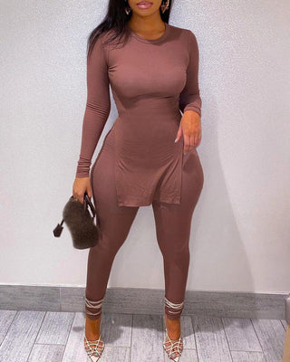 Ensemble haut et pantalon fendus en tricot à manches longues
