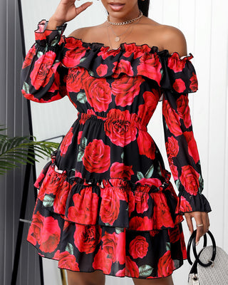 Robe en mousseline de soie à volants et imprimé floral à épaules dénudées