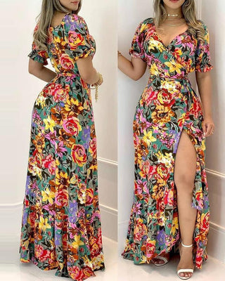 Robe longue à manches évasées et à imprimé floral