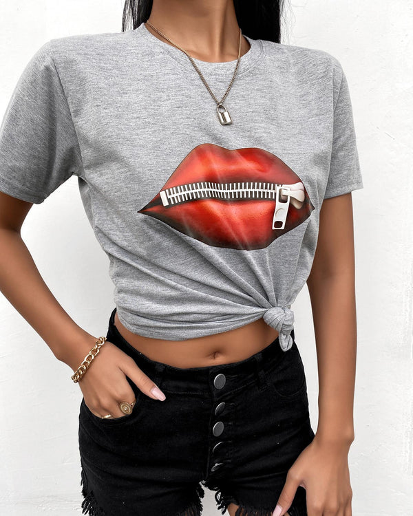 T-shirt à manches courtes et imprimé lèvres à glissière