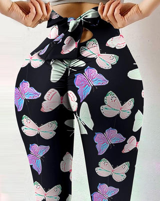 Imprimé papillon Bowknot Design Scrunch Butt Leggings Pantalon de yoga de contrôle du ventre