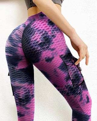 Pantalon de yoga de contrôle du ventre à imprimé tie-dye texturé à bulles