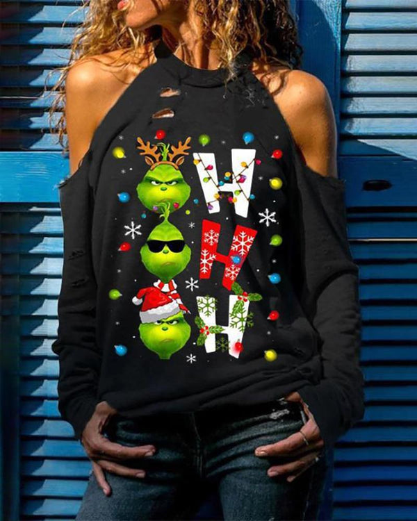 Sweat-shirt imprimé de Noël à épaules dénudées