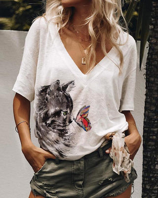 T-shirt à manches longues imprimé papillon chat