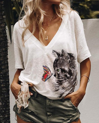 T-shirt à manches longues imprimé papillon chat