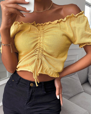 Crop top à épaules dénudées et cordon de serrage à ourlet volanté