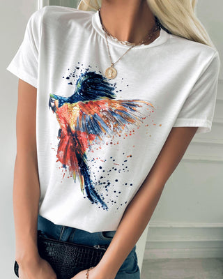 T-shirt décontracté à manches courtes et imprimé oiseaux