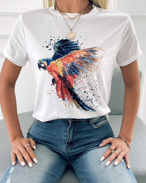 T-shirt décontracté à manches courtes et imprimé oiseaux