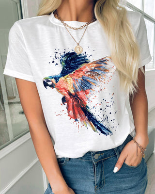 T-shirt décontracté à manches courtes et imprimé oiseaux