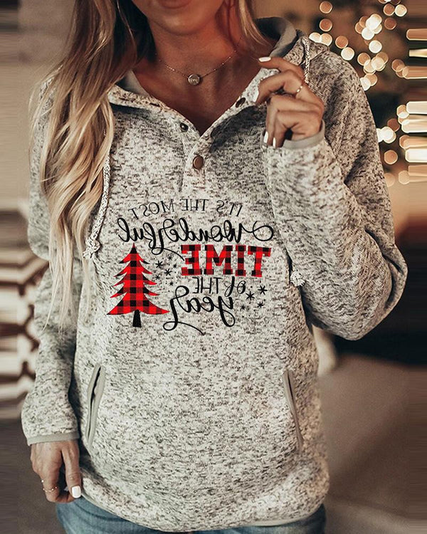 Haut à capuche décontracté imprimé lettre / arbre / papillon de Noël