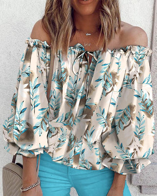 Haut à manches lanterne à imprimé floral et épaules dénudées