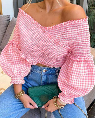 Haut à carreaux et fronces à ourlet volanté à manches lanterne