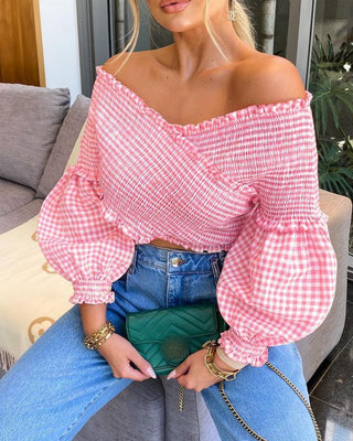 Haut à carreaux et fronces à ourlet volanté à manches lanterne