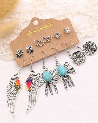 Ensemble de 6 paires de boucles d'oreilles à motif plume et oiseau