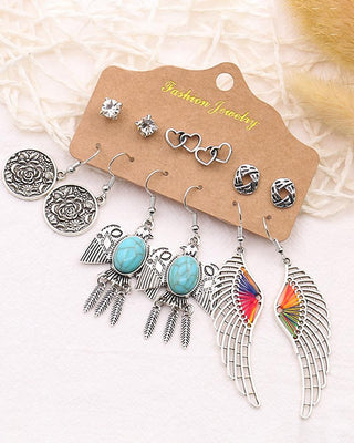 Ensemble de 6 paires de boucles d'oreilles à motif plume et oiseau