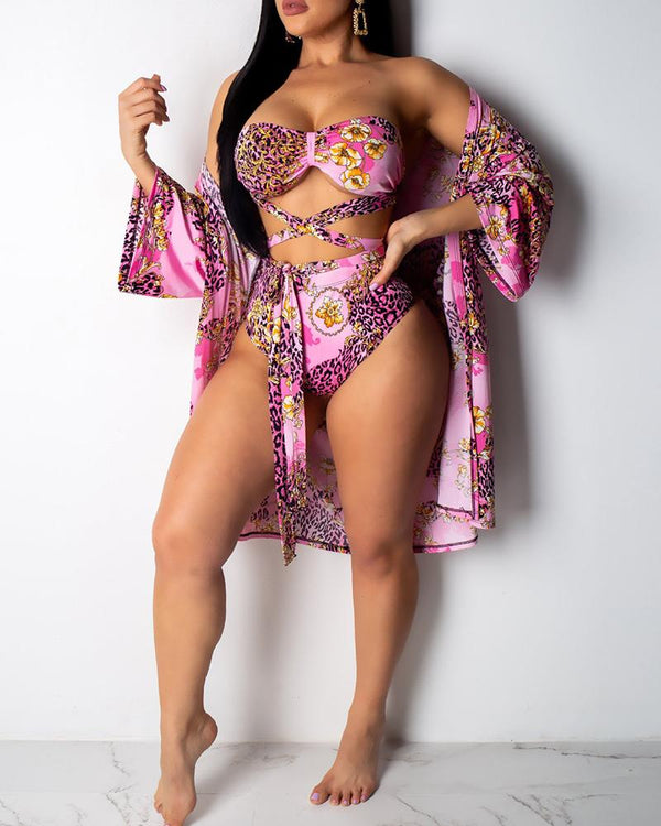 Ensemble de bikini à imprimé floral 3PCS guépard avec couverture
