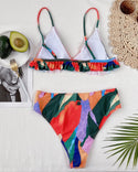 Ensemble de bikini froncé à ourlet volanté color block