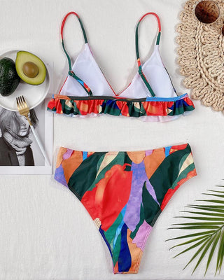 Ensemble de bikini froncé à ourlet volanté color block