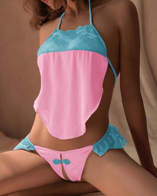 Ensemble de lingerie à bordure en dentelle et dos nu en satin color block