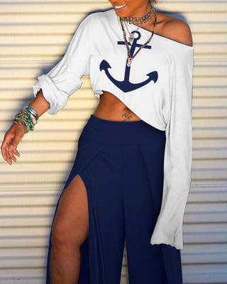 Ensembles t-shirt à manches longues et pantalon fendu à imprimé ancre