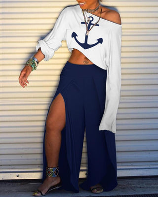 Ensembles t-shirt à manches longues et pantalon fendu à imprimé ancre