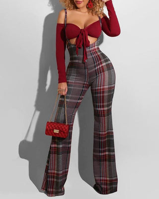 Pantalon à bretelles à carreaux color block