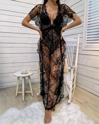 Chemise de nuit fendue en maille transparente en dentelle cils