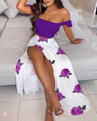 Ensemble de top court à épaules dénudées et jupe haute fendue à imprimé floral