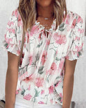 T-shirt plissé à imprimé floral noué sur le devant