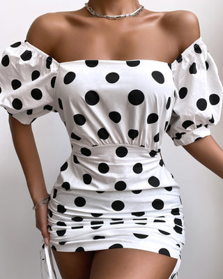 Robe à découpes froncée et cordon de serrage à imprimé à pois