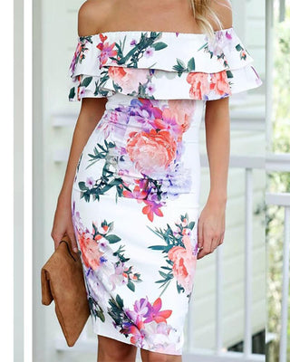 Mini-robe moulante à manches courtes et épaules dénudées à imprimé floral