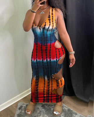 Robe longue à bretelles épaisses à imprimé tie-dye découpé