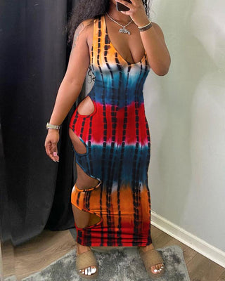 Robe longue à bretelles épaisses à imprimé tie-dye découpé